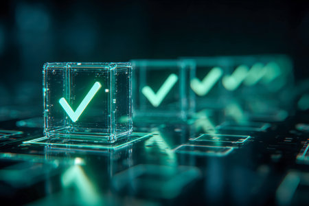 Illuminated symbols of success orbit within clear geometric prisms, creating a sleek, high-tech display that embodies innovation and achievement in a moody, futuristの写真素材