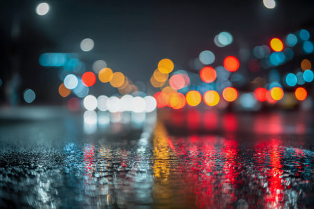 Neon hues ripple across slick streets, transforming the cityscape into a lively, dreamlike mosaic of vibrant reflections and soft bokeh glow after rain.の写真素材