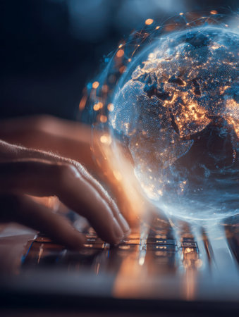 Focused hands click rapidly on a sleek laptop in darkness, with a luminous circuit-world symbolizing worldwide networks and cutting-edge innovation.の写真素材