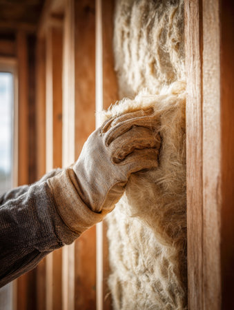 A construction professional carefully fits cozy, dense wool battings between wooden studs, promoting sustainable insulation solutions for enhanced energy savings.の写真素材