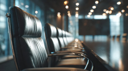 A sophisticated meeting space featuring plush black leather seating encircling a polished conference surface, softly lit by warm, ambient illumination for productiveの写真素材