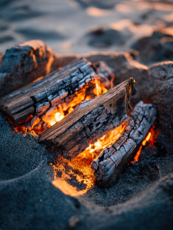Flickering flames cast a gentle glow over smoldering logs in a sandy seaside fire pit, with glowing charcoal and rough stones highlighted at sunset's end.の写真素材