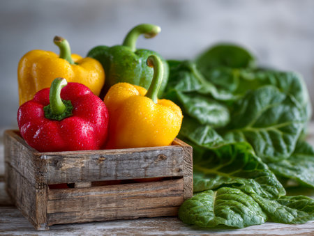 Vibrant bell peppers in shades of red, yellow, and green nestled in a weathered wooden box, framed by lush leafy spinach on a warm wooden backdrop.の写真素材