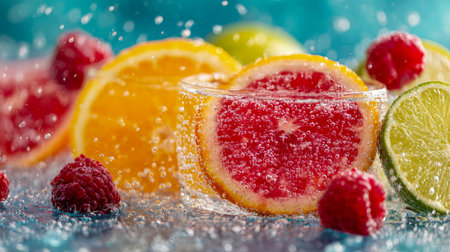 Juicy citrus segments and plump raspberries float in effervescent water, their lively bubbles forming a vivid, thirst-quenching drink perfect for summer refreshment.の写真素材