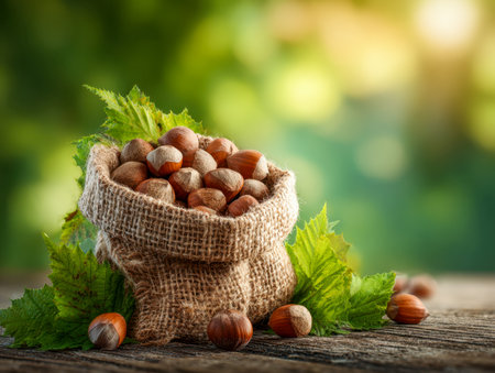 A rustic scene featuring a rough-hewn burlap bag brimming with ripe hazelnuts, nestled among lush green foliage on weathered wooden planks bathed in golden sunlight.の写真素材