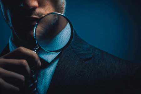 A poised professional in a sharp dark suit meticulously inspects textile details with a magnifying device, set against an intense blue backdrop for a focus on qualitの写真素材
