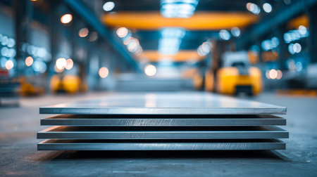 Gleaming metal slabs rest orderly on the warehouse floor, illuminated by intense overhead lights amid a vast industrial space with machinery softly fading in the bacの写真素材
