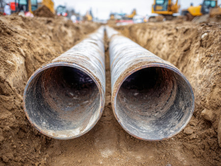 Massive steel conduits rest in a newly dug channel, with heavy construction equipment softly blurred behind, capturing ongoing infrastructure progress.の写真素材