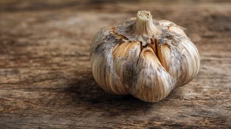 A weathered garlic bulb with flaky skin sits atop a textured wooden surface, evoking rustic charm perfect for dishes or holistic health inspirations.の写真素材