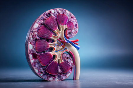 An intricate visualization of a human kidney cross-section, highlighting the vibrant layers of the outer cortex, inner medulla, and intertwining blood vessels againsの写真素材
