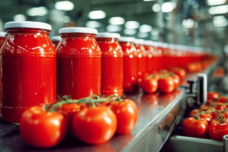 A bustling factory scene showcasing a processing line where glossy jars filled with vibrant tomato sauce are arranged amid ripe red tomatoes, emphasizing freshness aの写真素材