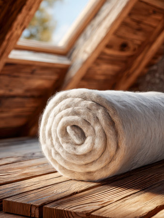 Soft, unprocessed bat woolt rests beside a sunlit window, casting a warm glow over the rustic attic interior with wooden beams and inviting ambiance.の写真素材