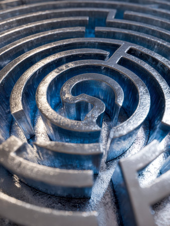 A sleek metallic ring featuring detailed, twisting corridors that shimmer with reflected light, embodying innovation, strategic thinking, and futuristic problem-solvingの写真素材