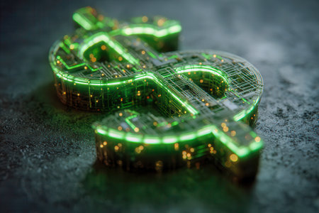 A luminous green icon blending advanced circuitry and sleek sci-fi aesthetics, symbolizing the future of digital currency on a rugged, textured backdrop.の写真素材