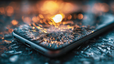 A damaged smartphone rests on fractured glass, illuminated by shimmering golden bokeh lights that cast a moody, textured glow, emphasizing chaos and elegance.の写真素材