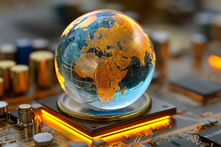 A luminous digital representation of Africa and Europe rests atop a radiant microchip, encircled by advanced electronic parts on a futuristic circuit board backdrop.の写真素材