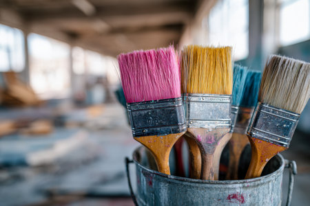 Vibrant brushes with worn tips rest in a rustic metal container, their lively hues contrasting against the sunlit, airy workshop backdrop.の写真素材