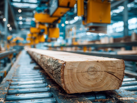 A substantial timber slab showcases detailed growth rings as it advances along glaming conveyor rollers within a modern manufacturing plant, surrounded by vibrant yの写真素材