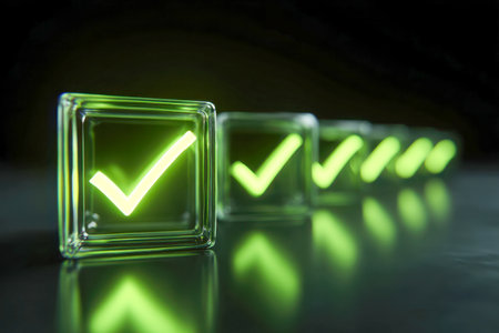A sleek lineup of luminous green symbols encapsulated in clear glass blocks, reflecting on a dark base?symbolizing achievement, validation, and excellence.の写真素材