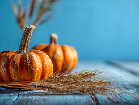 Vibrant mini pumpkins paired with dry wheat accents rest on aged wood, evoking a cozy autumn ambiance against a calm blue backdrop perfect for seasonal decor.の写真素材