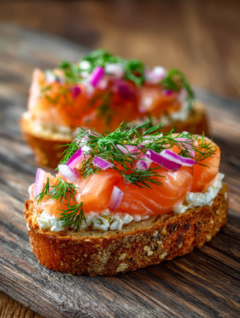 A vibrant, handcrafted appetizer featuring smoked salmon atop crunchy multigrain bread, decorated with red onion slices and fresh dill, perfect for brunch gatheringsの写真素材