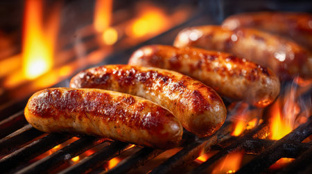 Plump sausages sear over blazing flames, their skins crisping amid glowing coals and swirling smoke, embodying the vibrant spirit of outdoor grilling.の写真素材