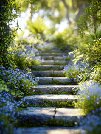 Sunlit moss-covered stones form a gentle ascent amid vibrant foliage and soft blossoms, inviting serenity along a tranquil woodland trail.の写真素材