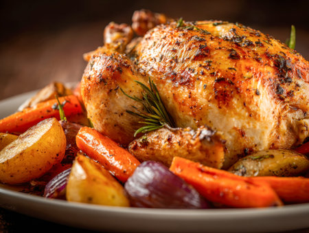 A succulent, golden-brown chicken rests atop a platter, surrounded by vibrant roasted vegetables infused with aromatic rosemary, promising a comforting feast.の写真素材