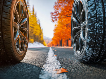 Below vibrant amber and gold trees, a close-up of twin wheels reflects the rain-soaked pavement, with crisp white lines guiding a tranquil autumn journey.の写真素材