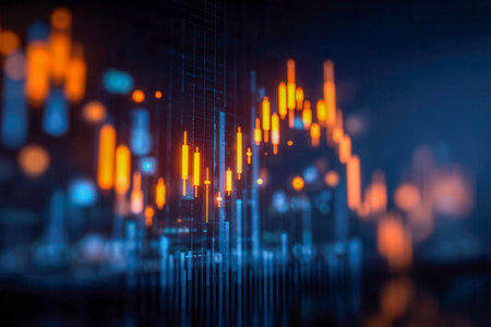 A vibrant nighttime scene featuring dynamic orange and blue illuminated candlestick graphs illustrating active trading trends and market insights in a digital era.の写真素材