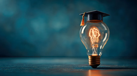 A bright, illuminated filament inside a light bulb adorned with a graduation cap, representing the synergy of ideas, achievement, and future innovation.の写真素材