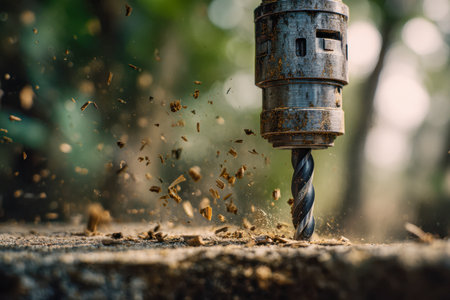 A weathered drill bit slices into timber, dispersing a burst of splinters amid warm sunlight and lush greenery, capturing the energy of outdoor craftsmanship.の写真素材