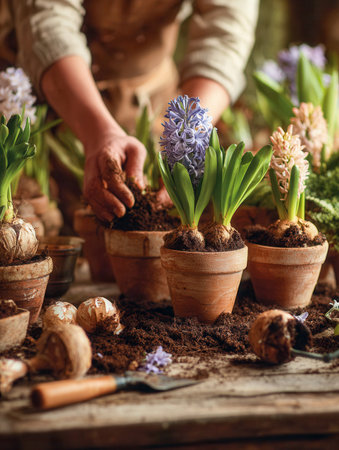 Warm sunlight filters into a cozy greenhouse as hands gently position vibrant hyacinth bulbs into aged clay containers, surrounded by earthy soil and gardening toolsの写真素材