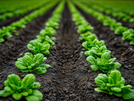 Vibrant lettuce seedlings flourish in orderly rows across fertile earth, embodying springtime?s promise of wholesome, organic produce on a thriving farm.の写真素材