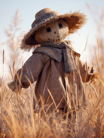 A friendly countryside guardian dons a woven hat and rugged burlap attire, surrounded by shimmering golden grasses under a bright, sunlit sky.の写真素材