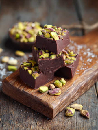 Irregularly arranged velvety chocolate pieces garnished with vibrant pistachios sit atop weathered wood, complemented by scattered nuts and coarse salt on an earthyの写真素材
