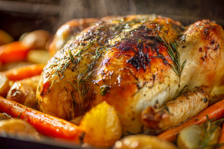 A perfectly roasted chicken adorned with aromatic herbs sits amidst crispy potatoes and colorful carrots, emitting gentle steam in a cozy, inviting dining atmosphereの写真素材