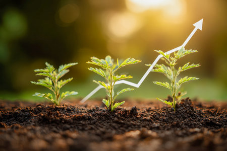 Fresh seedlings emerging from rich earth at dawn, complemented by a rising arrow chart highlighting vibrant progress and sustainable growth in nature.の写真素材
