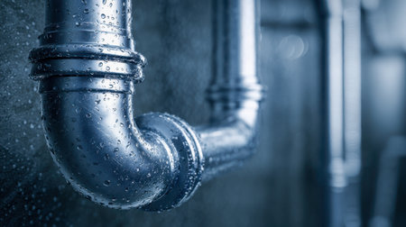Cold metal tubing reveals intricate piping patterns, droplets forming shimmering layers on surfaces, set against a shadowy, industrial backdrop emphasizing texture.の写真素材
