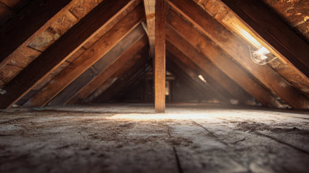 Gentle rays of sunlight filter through a dusty, abandoned attic, highlighting weathered timber beams and the cozy charm of a rustic, age-old space.の写真素材