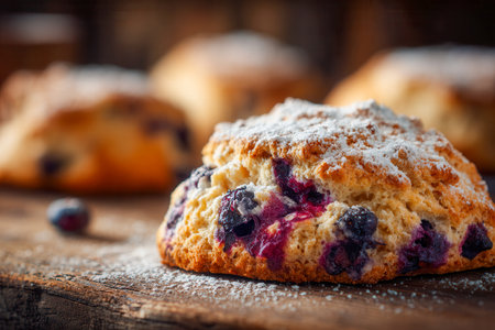 A warm, flaky blueberry scone topped with powdered sugar, perched on rough-hewn wood, with gentle-focus hints of more baked treats in the background.の写真素材