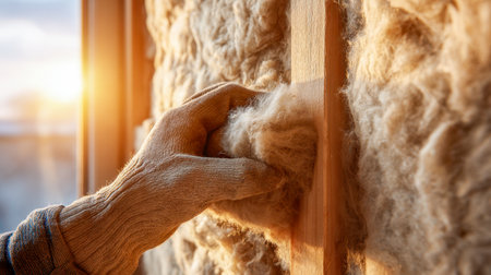 A worker's hand, protected by a durable glove, carefully fills a wooden wall space with soft, natural wool insulation under gentle sunlight, enhancing cozy home warmの写真素材