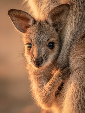 A tiny marsupial nestles safely within its mother's pouch, bathed in soft sunlight that highlights their tender connection in a peaceful wilderness setting.の写真素材