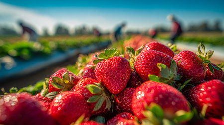 Juicy, sun-ripened strawberries spill over in the forefront as farmers gather ripe fruit amidst a glowing, lush field bathed in golden sunlight.の写真素材
