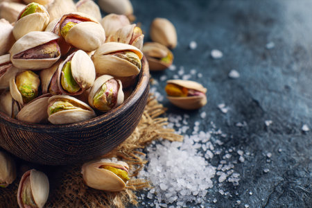A handcrafted wooden dish brimming with crunchy salted pistachios, surrounded by coarse sea salt on a textured background, evoking wholesome, mindful eating.の写真素材