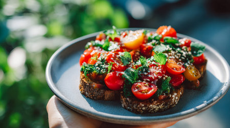 A vibrant, handcrafted appetizer featuring chopped tomatoes and fragrant herbs atop toasted whole grain bread, garnished with sesame seeds, shining under warm naturaの写真素材