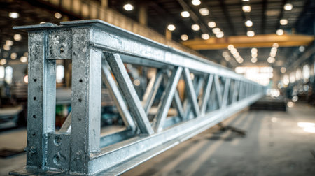 Robust steel framework arches across a vast warehouse interior, with a softly blurred backdrop showcasing bulk building supplies and heavy machinery.の写真素材