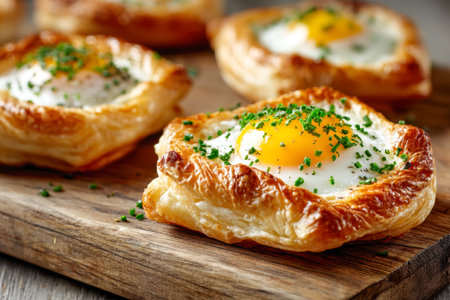 Warm, flaky pastry squares crowned with crispy sunny-side eggs and a sprinkle of vibrant herbs, arranged artistically on a rustic wooden surface for a delightful morningの写真素材