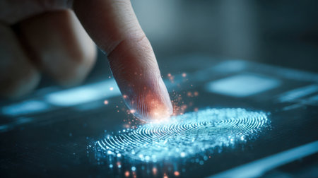 A high-tech scene featuring a luminous, cyber-inspired interface where a user?s finger presses a glowing sensor, symbolizing advanced biometric security in a digitalの写真素材