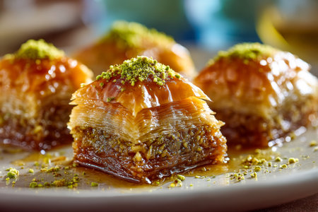 A decadent multilayered sweet treat topped with finely chopped pistachios and drizzled with golden honey, revealing a moist, syrup-soaked interior on a pristine whitの写真素材